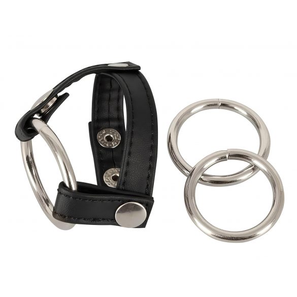 Bad Kitty - Leather Ball Strap and Penis Ring (Black-Silver) 