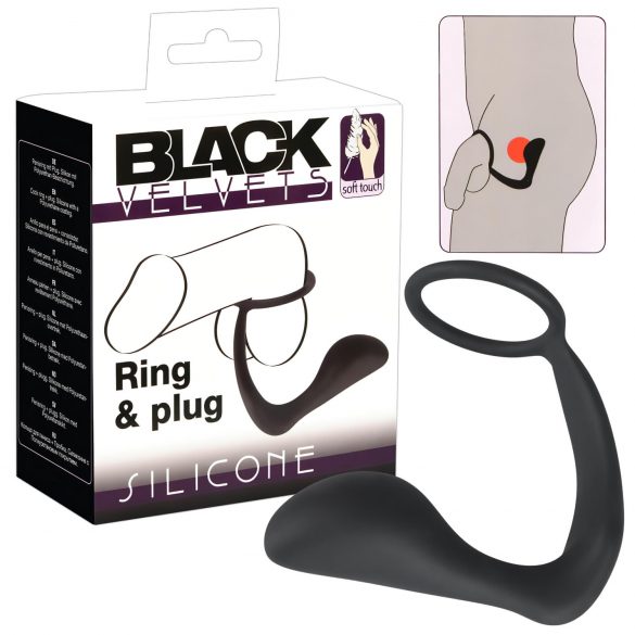 Black Velvet Anal Finger with Penis Ring (Black) 