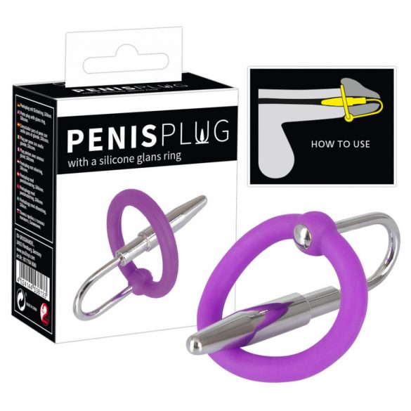 Silicone Glans Ring with Urethral Plug (Purple-Silver) 