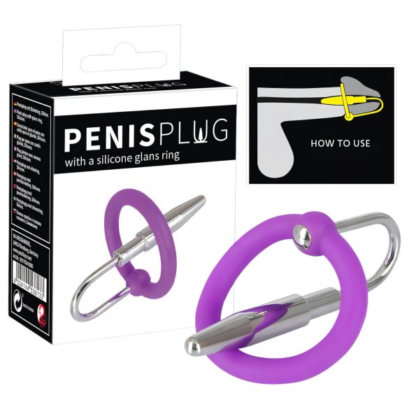 Silicone Glans Ring with Urethral Plug (Purple-Silver) 