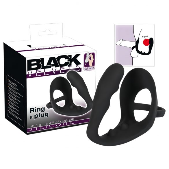 Black Velvet - Wavy Anal Dildo with Cock and Ball Ring (Black) 