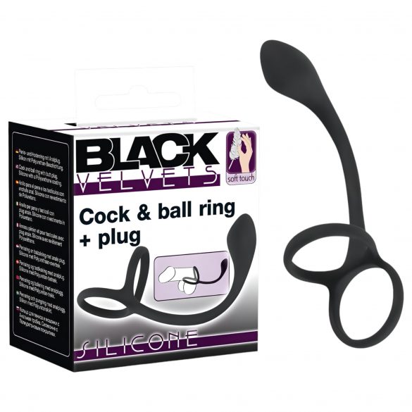 Black Velvet - Thin Anal Dildo with Penis and Scrotum Ring (Black) 