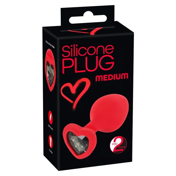 You2Toys Heart-Shaped Anal Plug M with Black Gem - Medium (Red) 