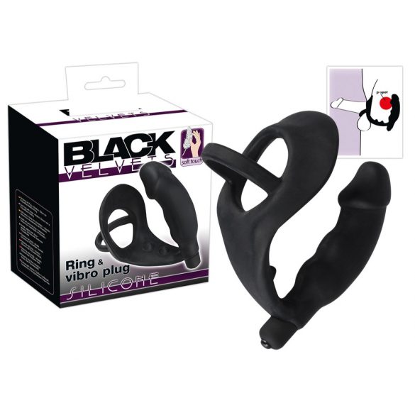 Black Velvet - Anal Vibrator with Penis and Testicle Ring (Black) 