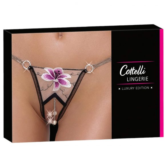 Cottelli - luxury embroidered lily thong (black-white) - M/L