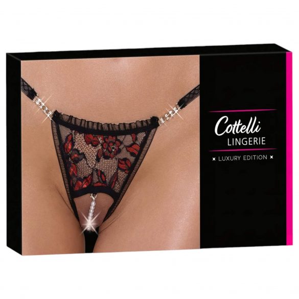 Cottelli - Luxury Rose Pearled Thong (Red-Black)  - M/L