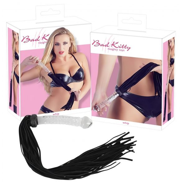 Bad Kitty - Leather Whip with Glass Dildo (Transparent-Black) 