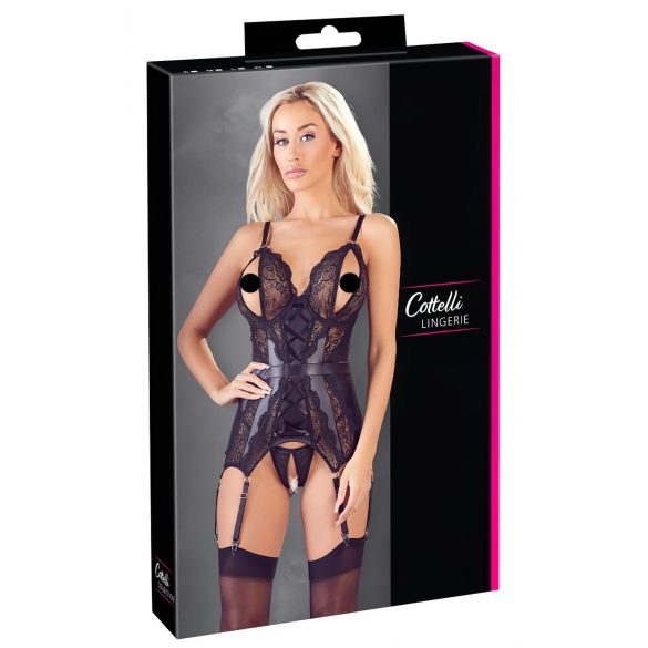 Cottelli - Lace-Gloss Open Top & Thong Set (Black)