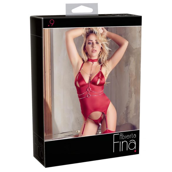 Abierta Fina - Shiny Chain Top and Thong (Red)  - XL