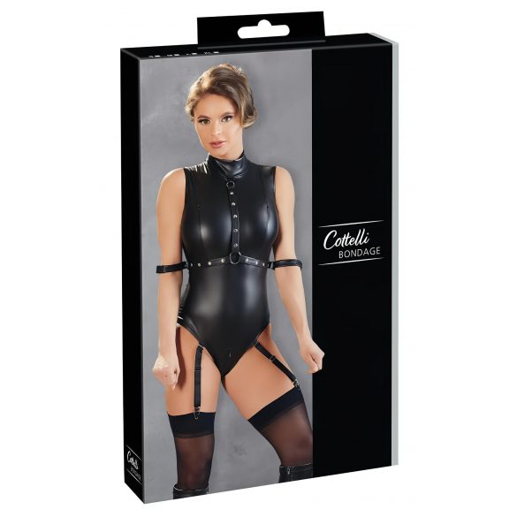 Cottelli Bondage - Sleeveless Glossy Bodysuit with Hand Restraints (Black) 