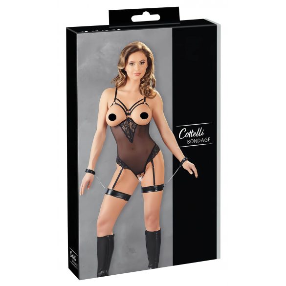 Cottelli Bondage - Metal Ring Strappy Bodysuit with Hand Restraints (Black) 