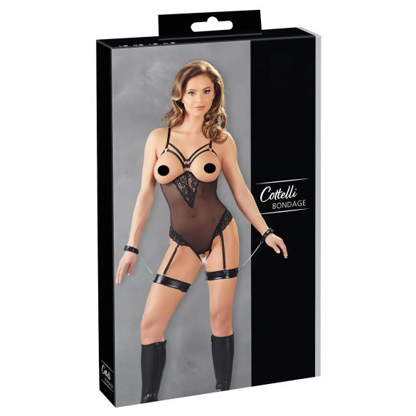 Cottelli Bondage - Metal Ring Strappy Bodysuit with Hand Restraints (Black)  - M