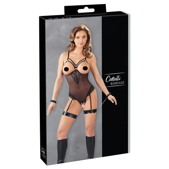 Cottelli Bondage - Metal Ring Strappy Bodysuit with Hand Restraints (Black)  - XL