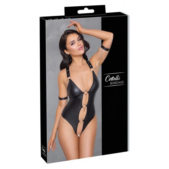 Cottelli Bondage - Shiny Black Open-Front Ringed Bodysuit - L