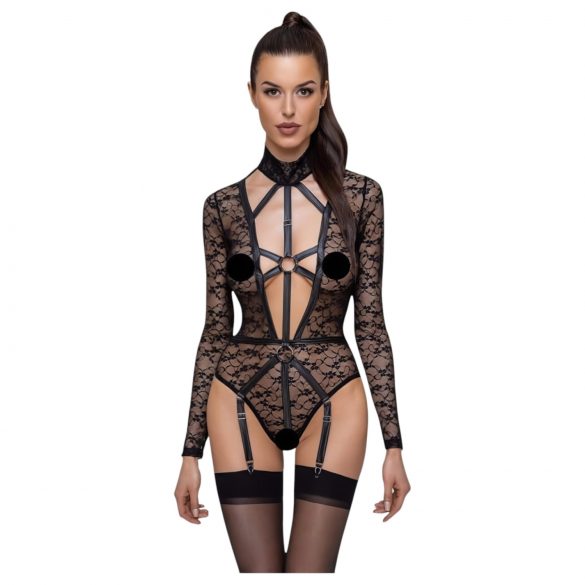 Cottelli - Sheer Black Strappy Bodysuit with Plunge Neckline