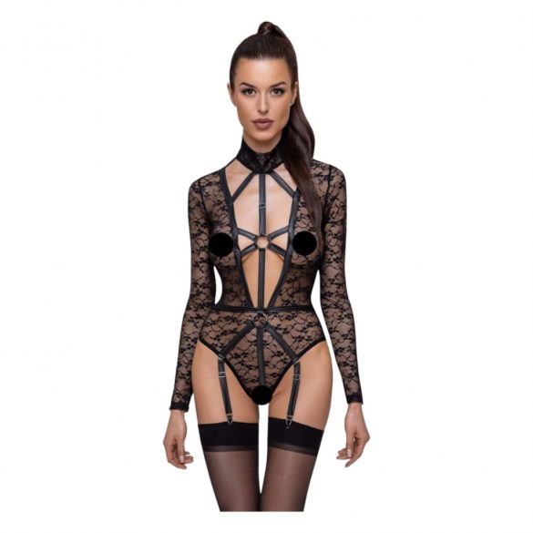 Cottelli - Transparent, Low-Cut Strappy Bodysuit (Black)  - M