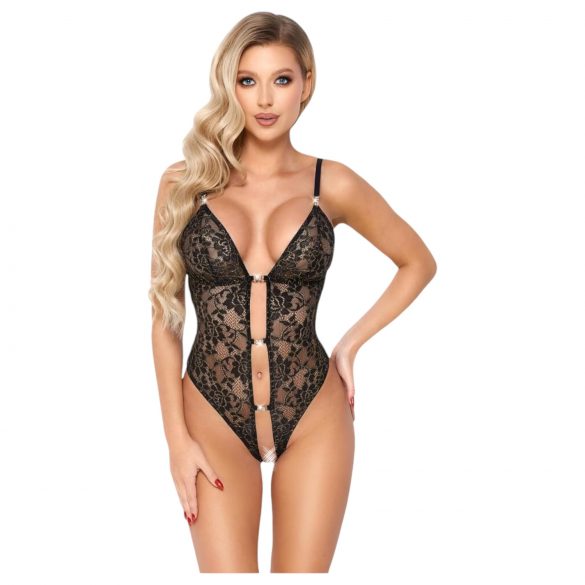 Abierta Fina - Open, Lace Bodysuit with Rhinestones (Black-Gold)