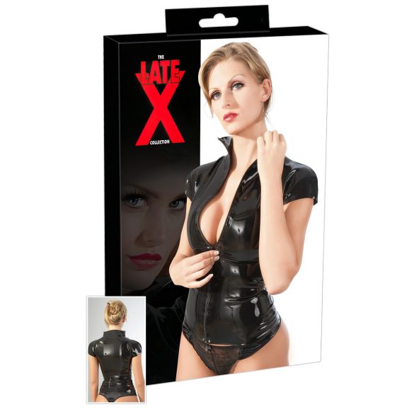 Latex zip-front, short-sleeve top (black)  - S