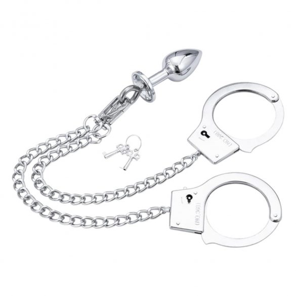 LateToBed BDSM - handcuffs with anal dildo (silver)