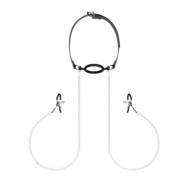 Bedroom Fantasies - Mouth Gag with Nipple Clamps (Silver-Black) 