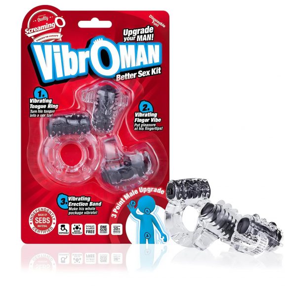 Screaming Vibroman - Vibrating Cock Ring Set - Black (3-Piece) 